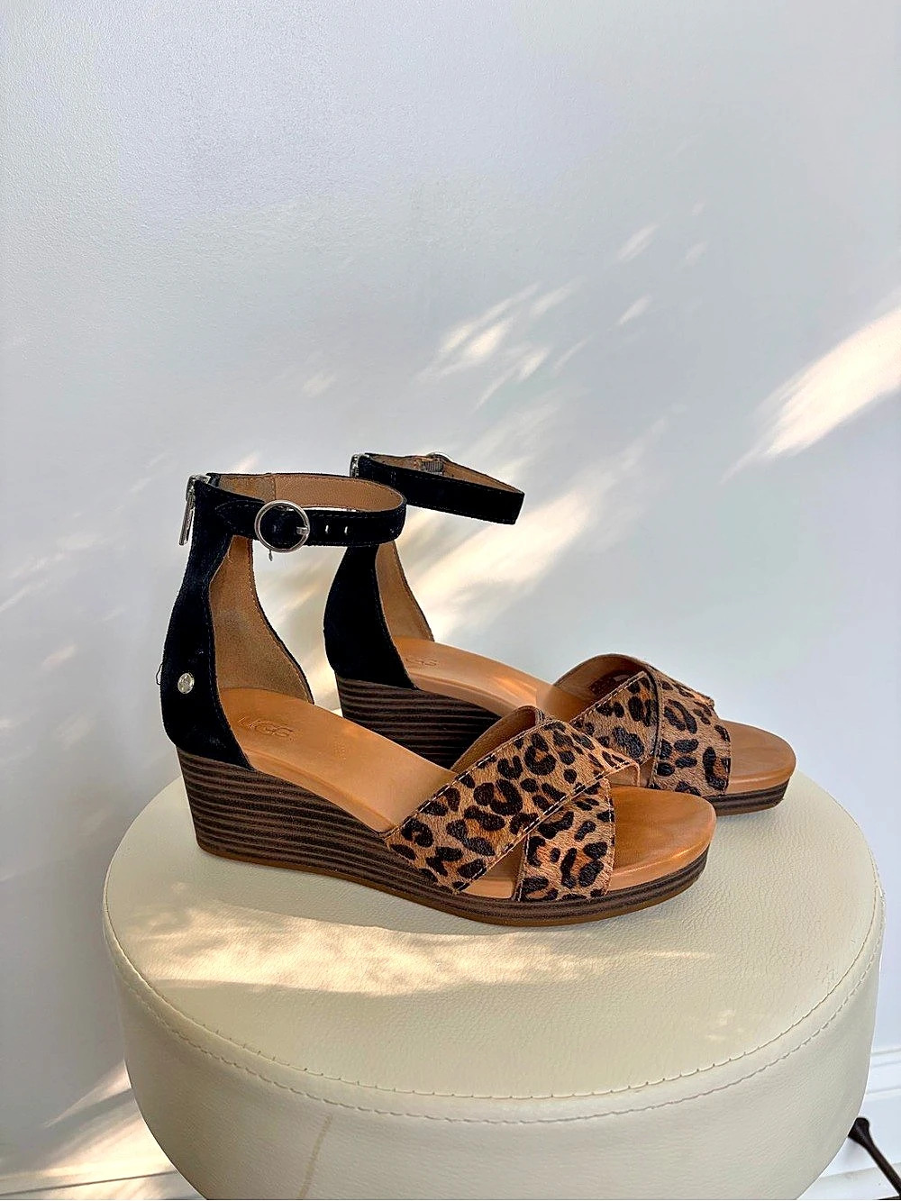 UGG Sammy Leopard Calf Hair Wedge Sandal Brown & Black